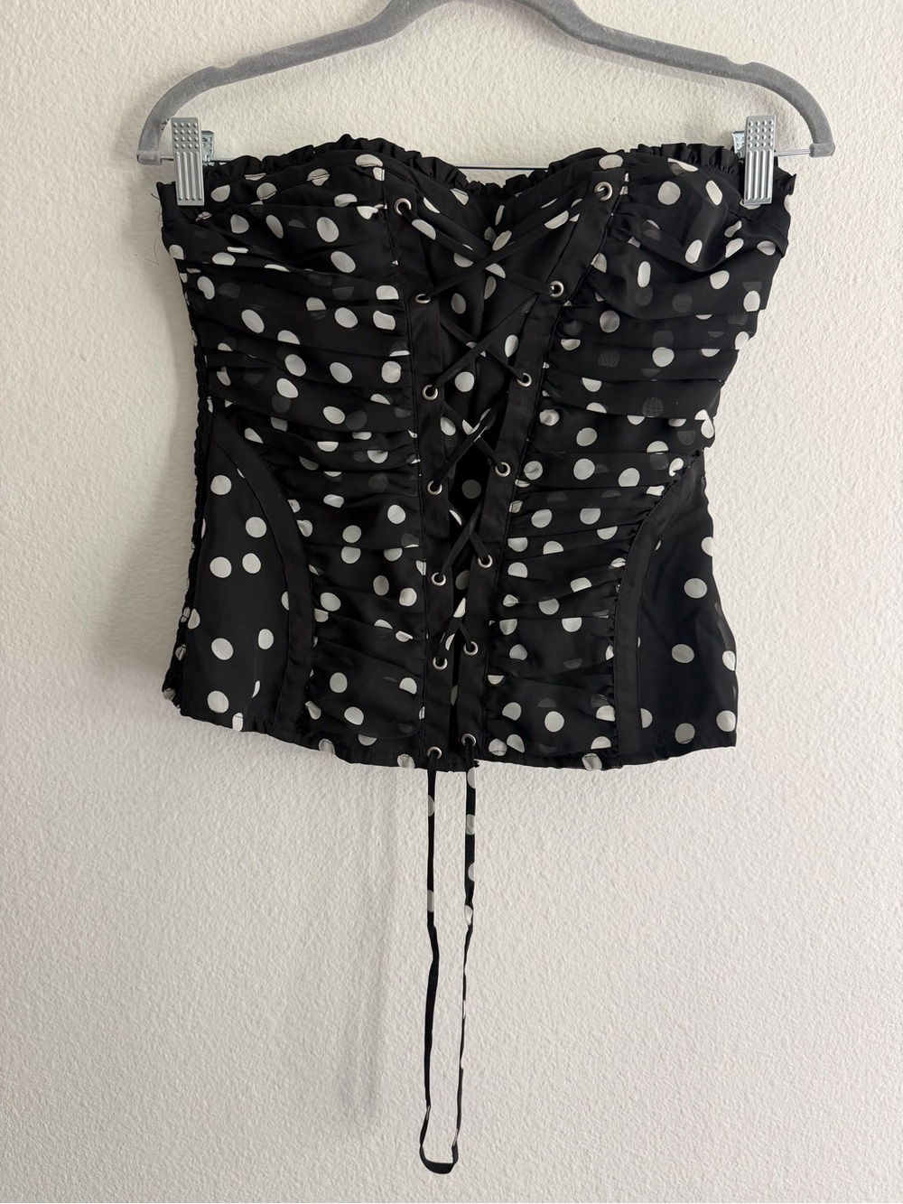 2B Bebe y2k Polka Dot Lace-Up Bustier Corset Smocked Top Size Medium